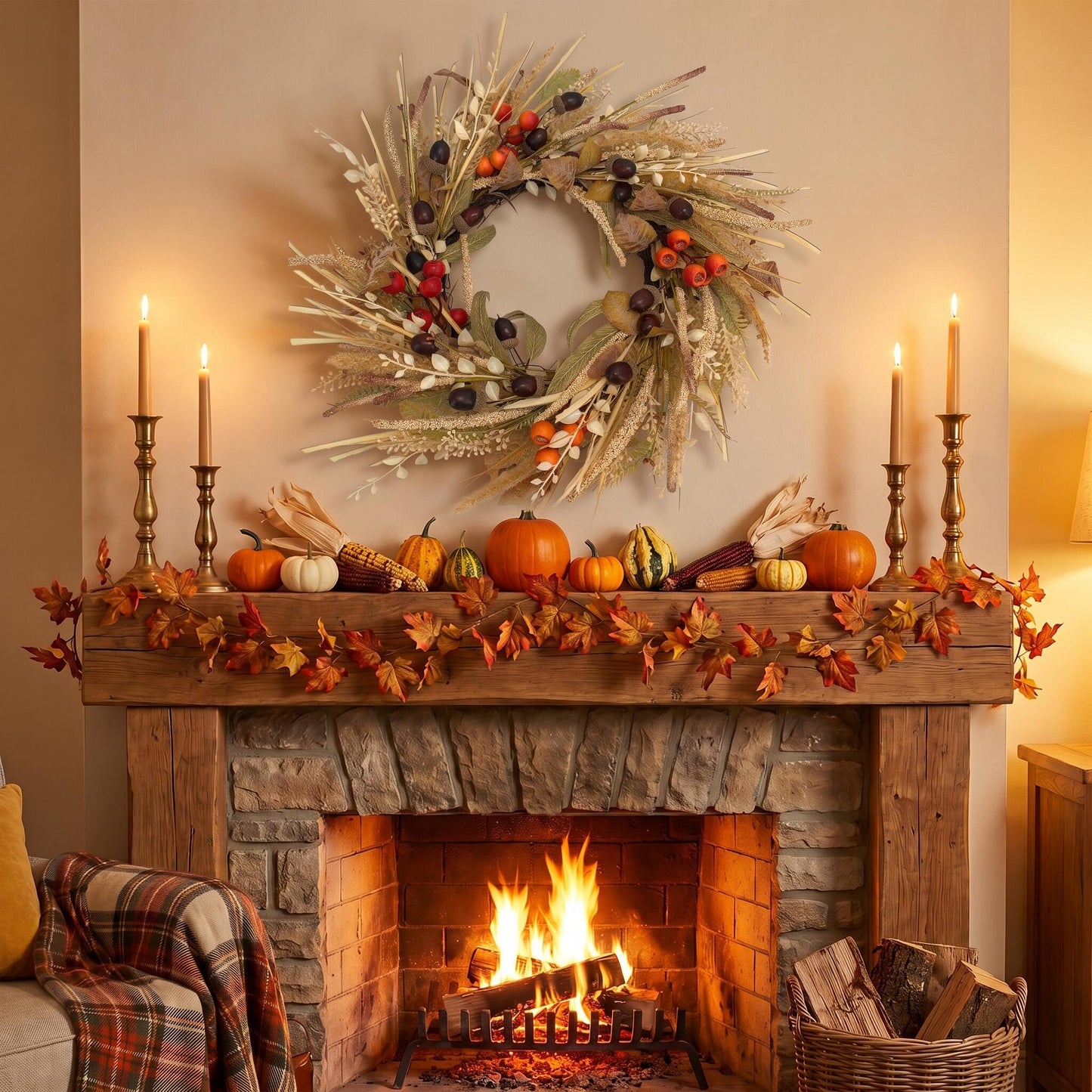 18" Artificial Autumn Acorn, Wheat & Berry Harvest Wreath