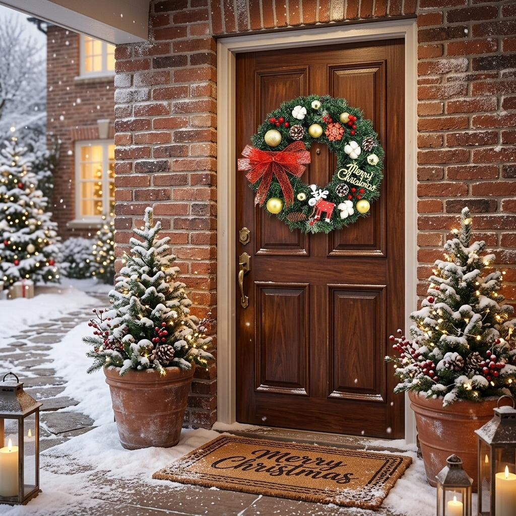 18-Inch Faux Pine Holiday Wreath with Merry Christmas Sign and Reindeer