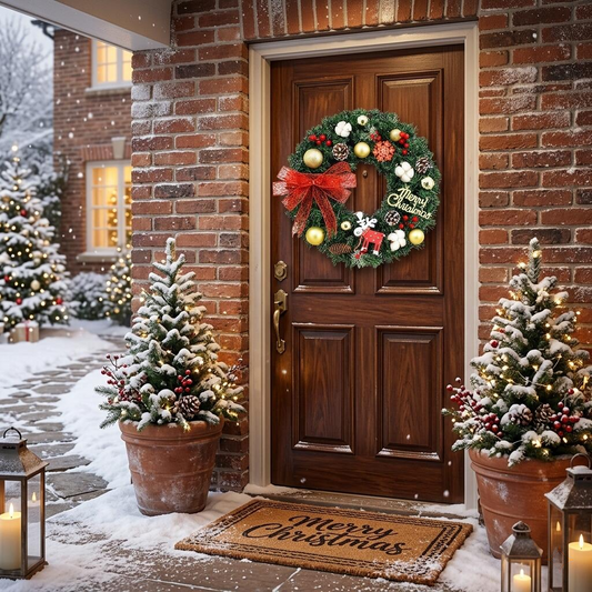 18-Inch Faux Pine Holiday Wreath with Merry Christmas Sign and Reindeer
